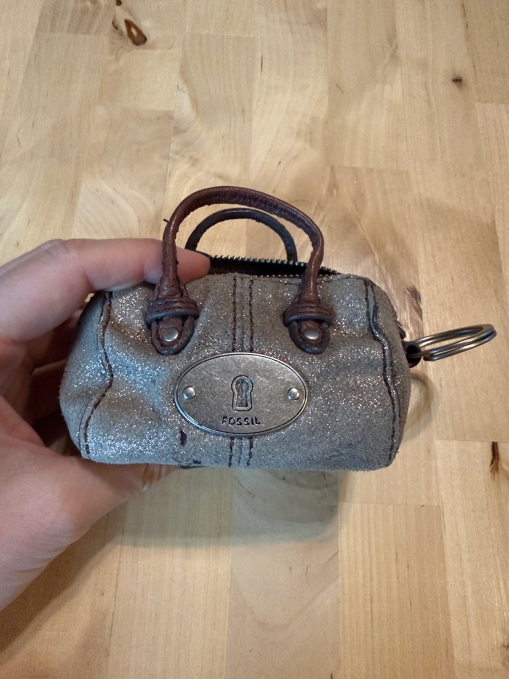 Fossil Glitter Mini Satchel Keychain with Brown Handles